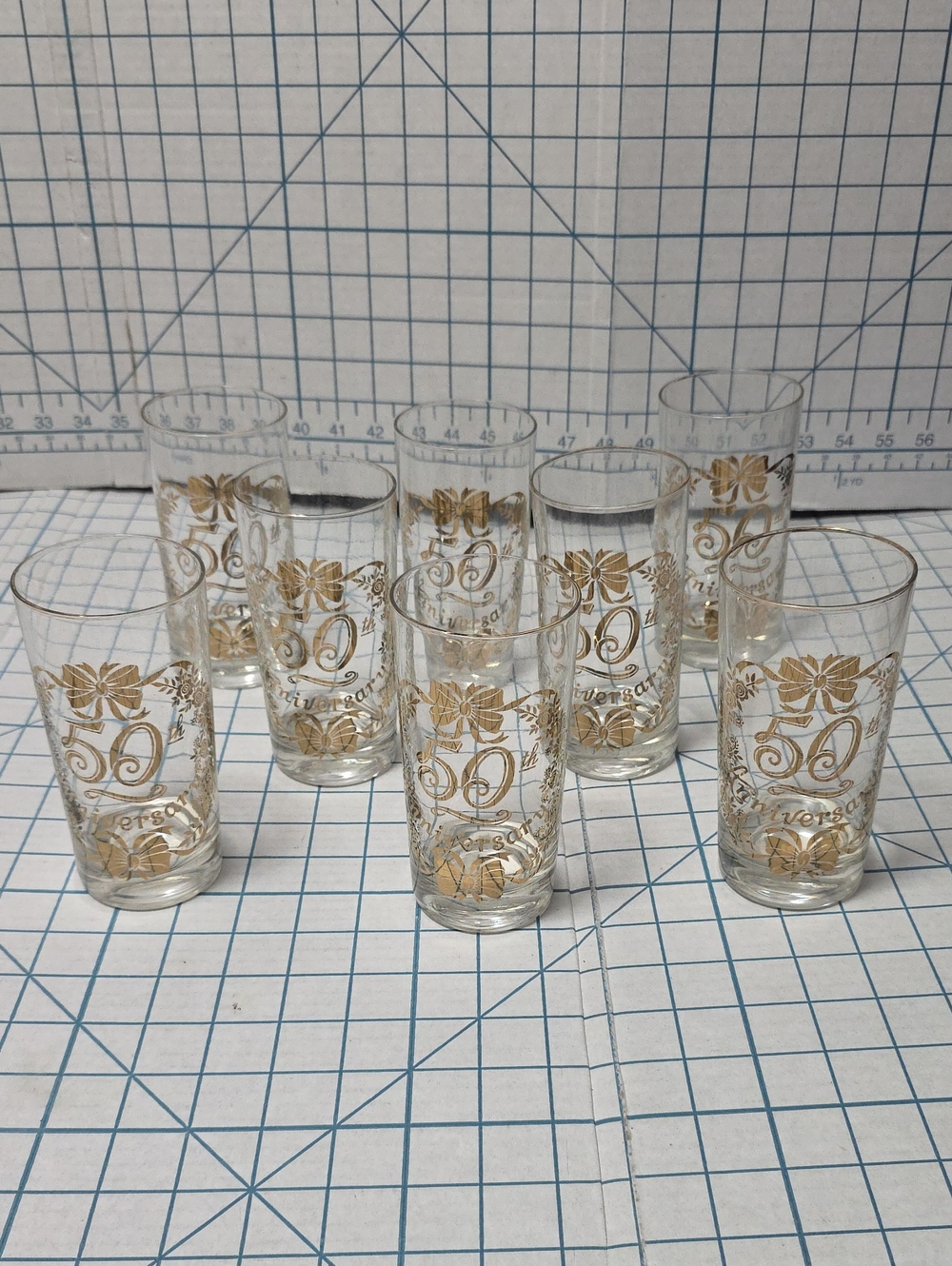 50th Wedding Anniversary Tumblers 22K Trim, Set Of 8, Vintage Lotus MCM
